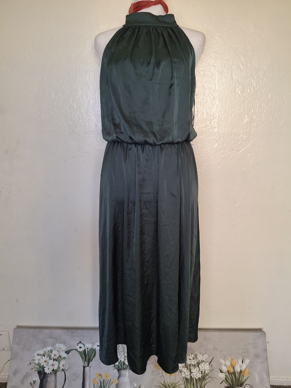 Nicole Miller Sleeveless Hunter Green Halter Midi Dress